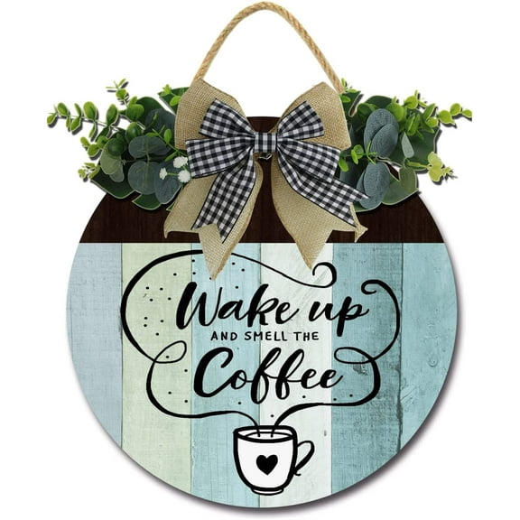 Eveokoki 12" Wake Up and Smell the Coffee Coffee Bar Decor Sign Rustic Farmhouse， Wooden Round Retro Coffee Bar Decor Coffee Lover Coffee Station Decor Home Office Kitchen Wall Decor