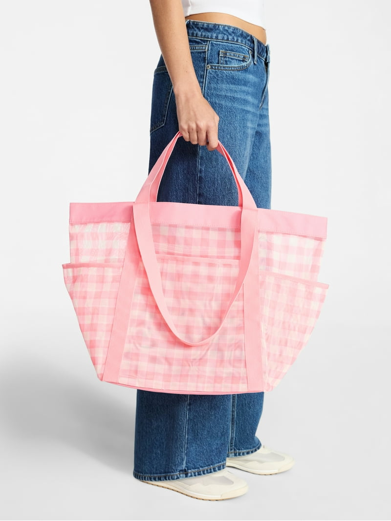 No Boundaries Women's Mesh Tote Bag, Peach Gingham - Walmart.com