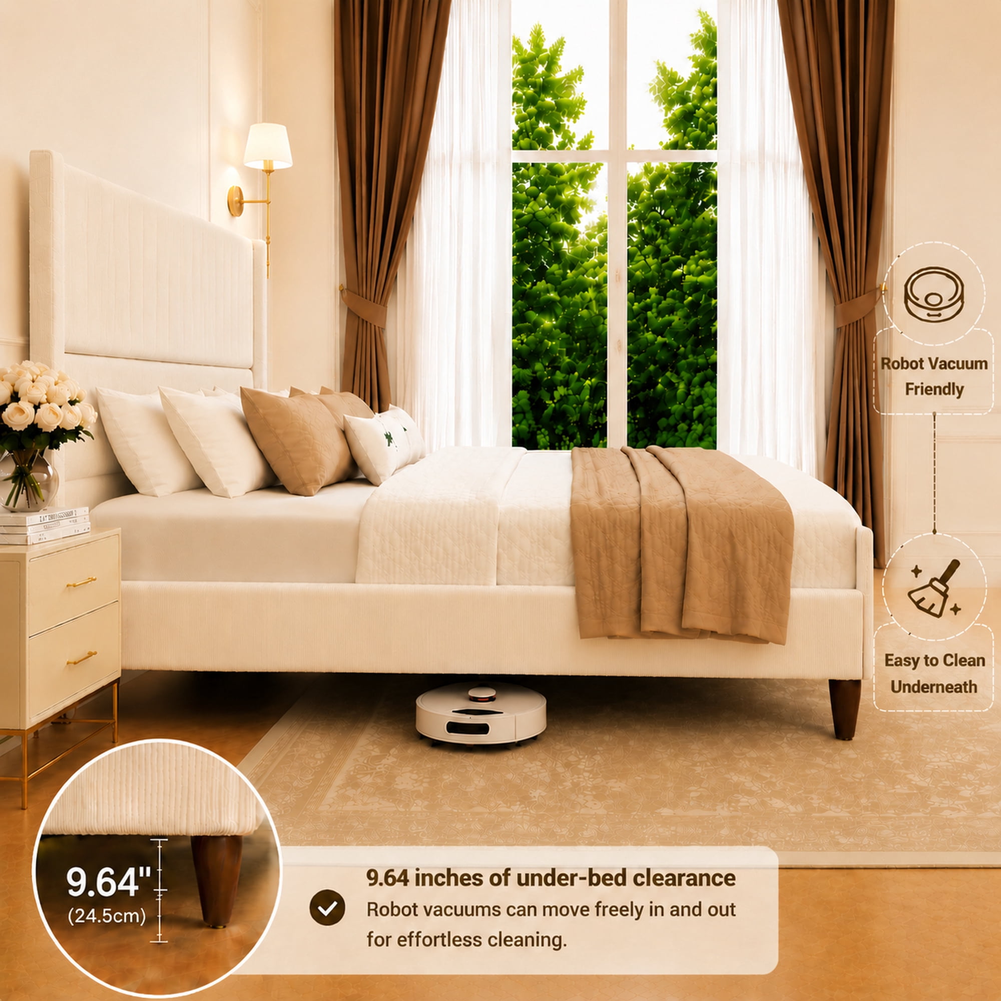 Mintazer Queen Size Upholstered Wingback Platform Bed Frame with Padded Headboard, Vertical Channel Tufted Corduroy Bed for Bedroom, No Box Spring Needed, Beige