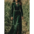 thumbnail image 4 of Women’s Emerald Green Velvet Maxi Dress V Neck Long Sleeve Boho Evening Dress with Lace Trim Gathered Waist and Fringe Hem, 4 of 4