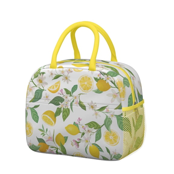 Insulated Lunch Tote - Cute Lemon Print Thermal Lunch Bag, Waterproof & Leakproof Reusable Lunch Box for Women, Office, School, Summer Picnic (Bright Yellow Lemon & Floral)