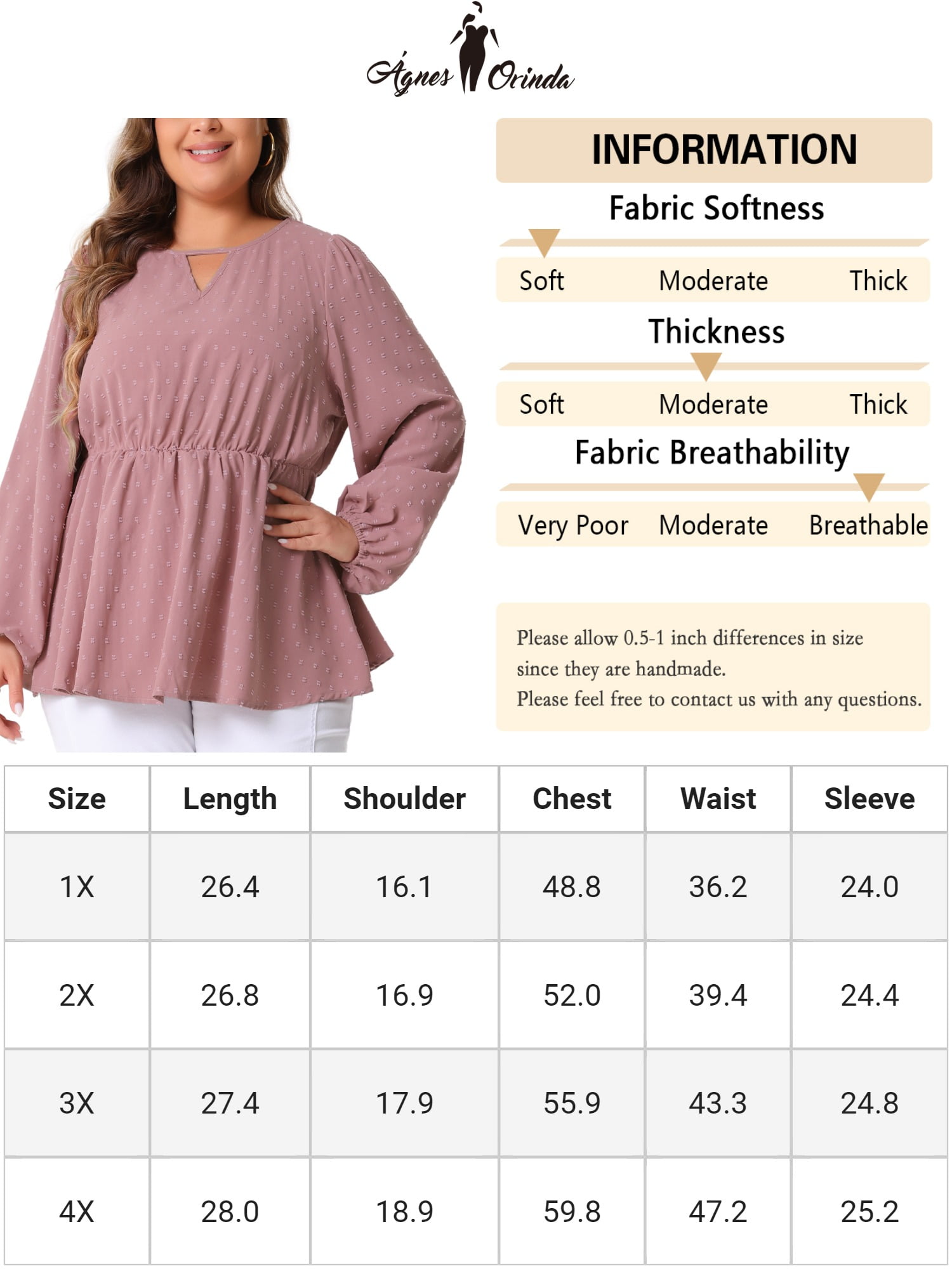 DARING DIVA Women's Plus Textured Keyhole Cut Out Long Sleeve Blouse 2X Pink