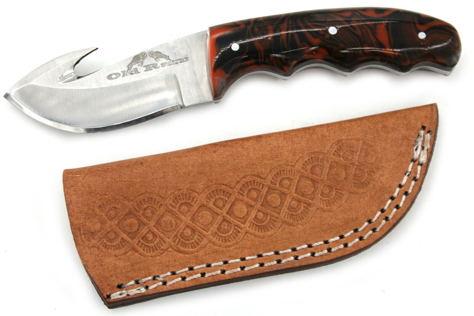 Old Ram Gut Hook Deer Skinner Fixed Blade Sharp Hunting Camping Knife w/ Sheath