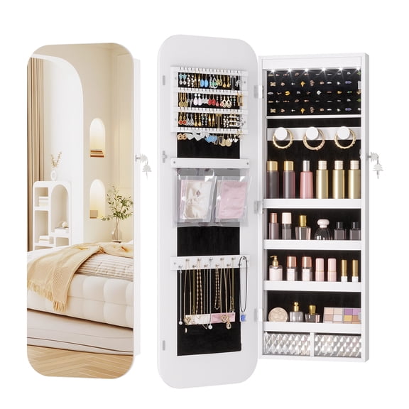 VKCC Jewelry Organizer with Mirror Door Mirror with Storage,Jewelry Mirror Cabinet with Lockable,6 LED Lights,White