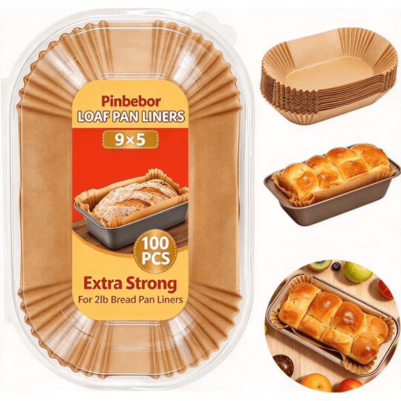Pinbebor 100 PCS Loaf Pan Liners 9x5 Inch, Non-Stick Parchment Paper for 2lb Bread Pan, Disposable Baking Liners for Oven Air Fryer