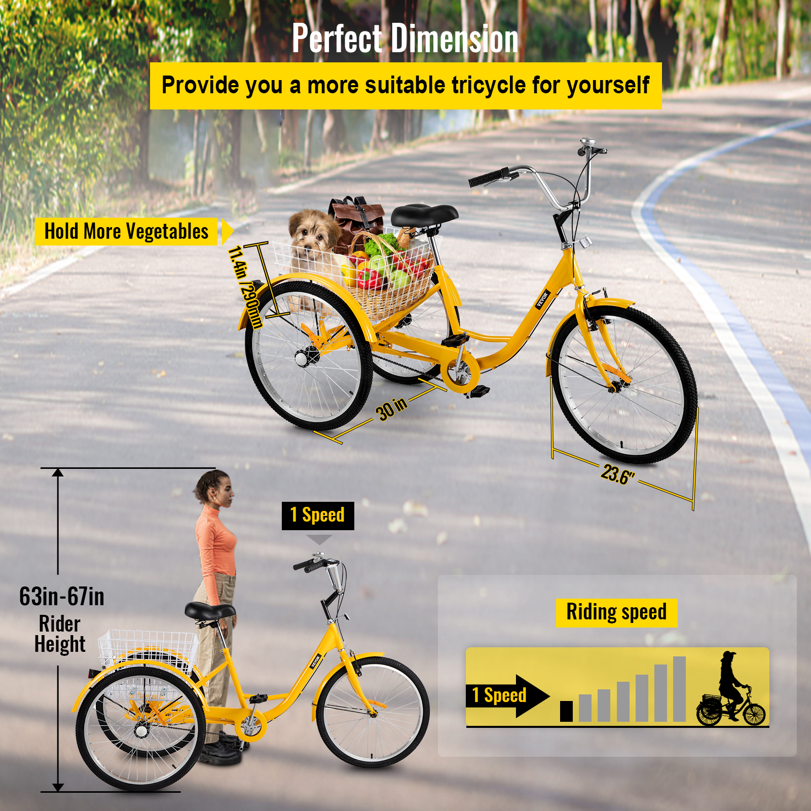 VEVOR Adult Tricycle 24 inch, 1-Speed Three Wheel Bikes , Yellow Tricycle with Bell Brake System, Bicycles with Cargo Basket for Shopping - image 3 of 9