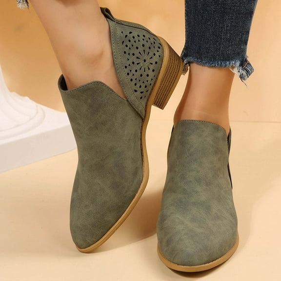 BLTIBY Ankle Boots for women Casual Cut Out Slip On Low Heel Short Boot Chunky Stacked Heel Perforated Side V Cut Western Booties Retro Green 36