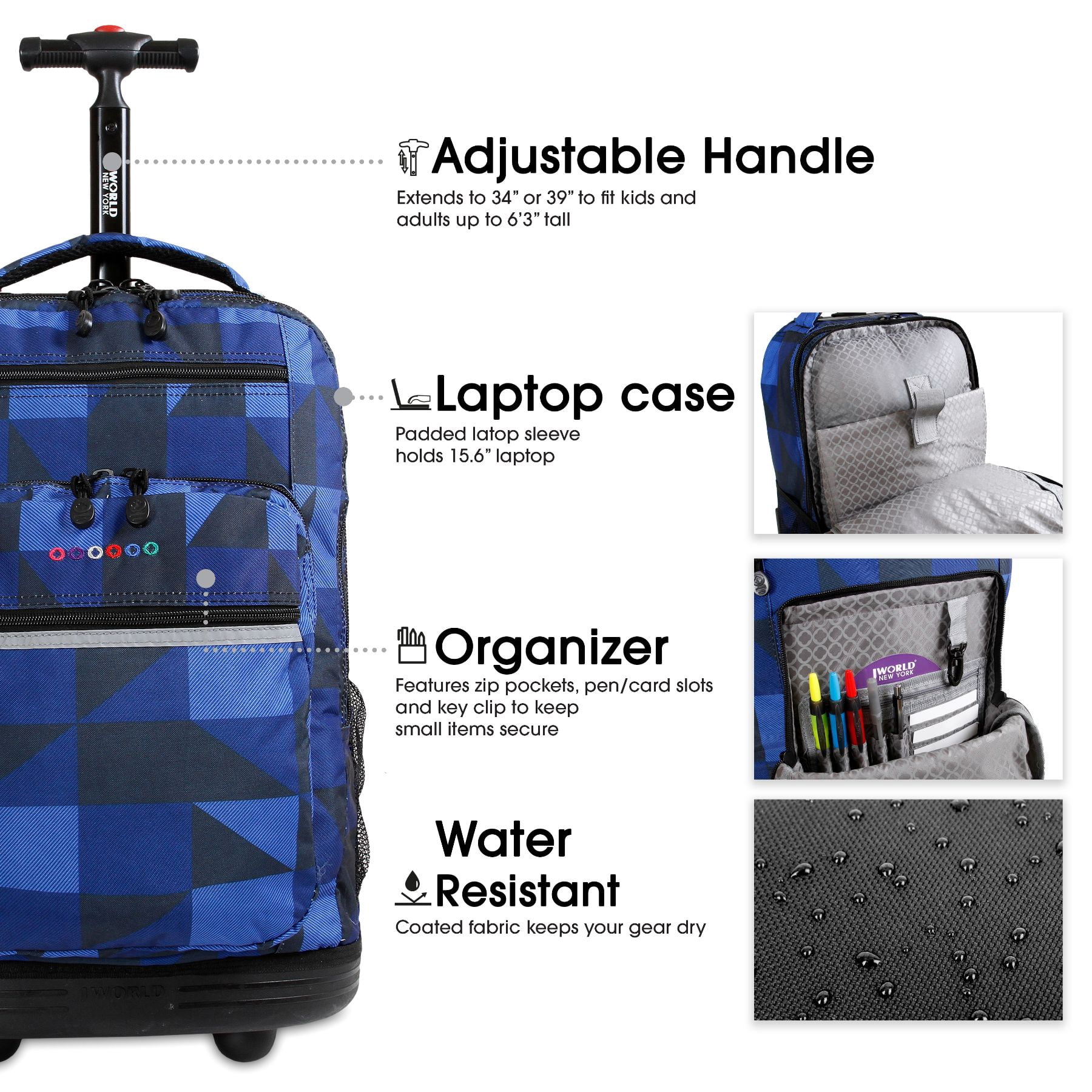 J World Unisex Sundance 20" Rolling Backpack with Laptop Sleeve for School and Travel, Block Navy