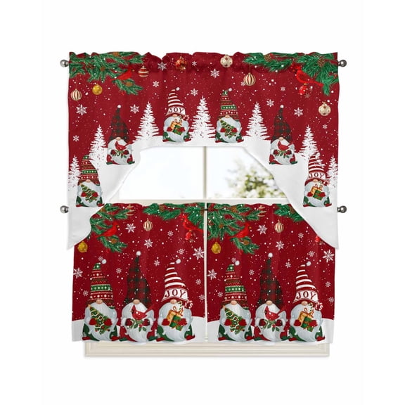 Christmas Kitchen Curtains Swag Valance and Tier Curtains Set 24 Inch Length, Winter Gnomes Red Xmas Ball Snowflake Cardinal Rod Pocket Drape Panels Pair Swag Curtains for Bathroom/Cafe/Window