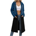 thumbnail image 4 of Women Long Sweatshirt Jackets with Pockets Colorblock/Solid Zip Up Hoodie Trendy Casual Fall Outerwear Sport Coat (3XL, Blue+Black), 4 of 7