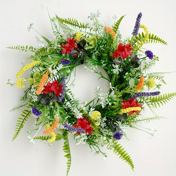 Namzi Spring Wreath,13.78" Spring Wreaths for Front Door Artificial Summer Flower Wreath with Daisy and Lavender for Indoor Outdoor and Easter Celebration