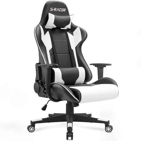 Gaming Chair, Office Chair High Back Computer Chair Leather Desk Chair Racing Executive Ergonomic Adjustable Swivel Task Chair with Headrest and Lumbar Support (White)