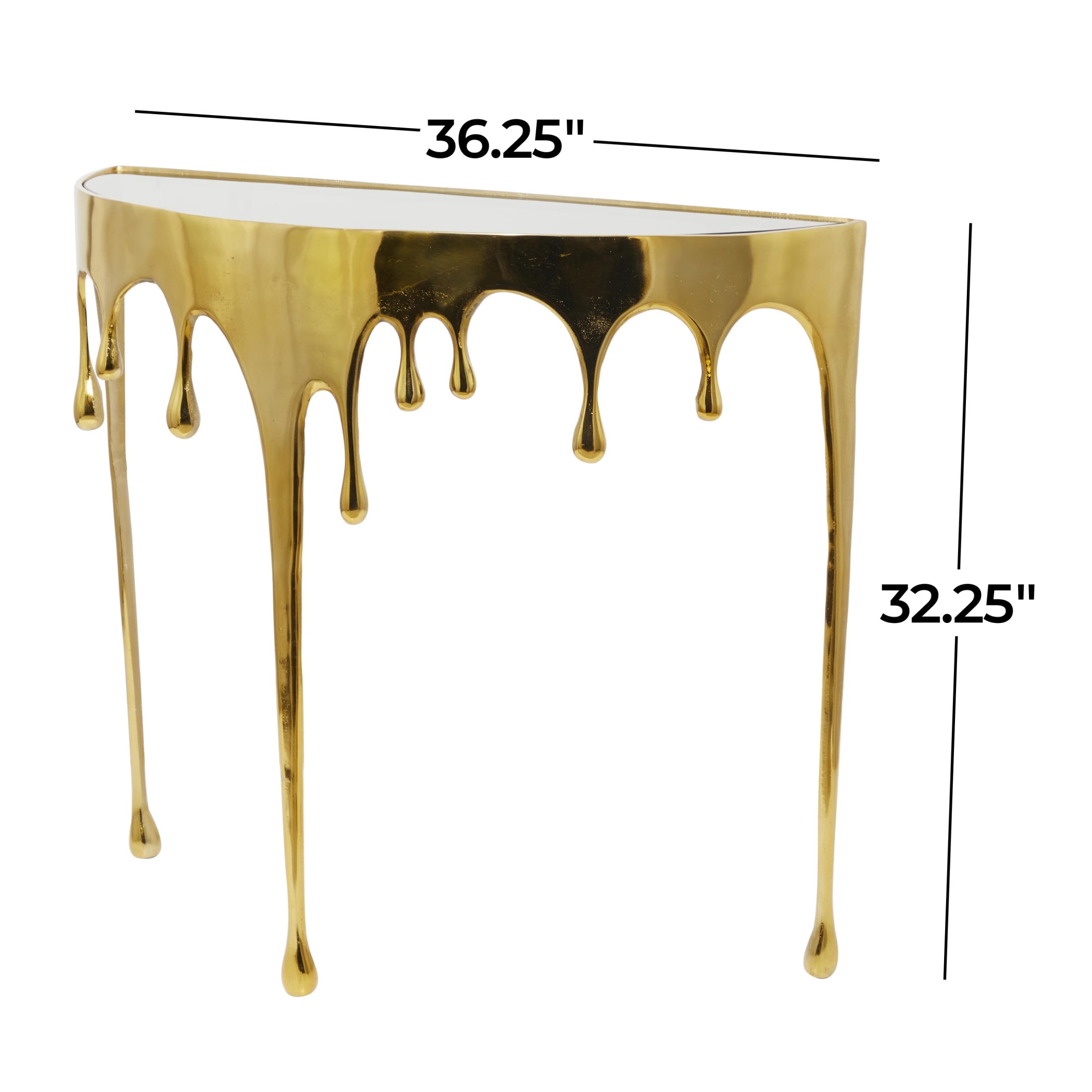 DecMode 36" x 32" Gold Aluminum Metal Half Moon Drip Abstract Console Table with Melting Designed Legs and Black Glass Top, 1-Piece