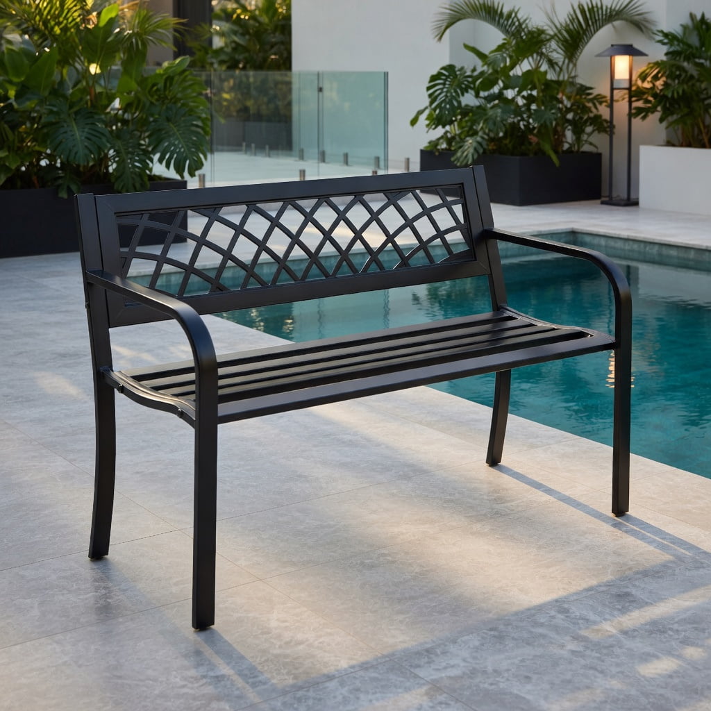 Hommoo Heavy-Duty Outdoor Bench Deck with Powder-Coated Steel Frame & PVC Mesh Backrest, Sturdy Patio Seating for Garden, Deck or Yard, Black
