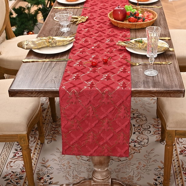 Camino de mesa navideño con bordado de lentejuelas | Decoración festiva para la mesa del comedor | Tejido de poliéster afelpado en rojo, verde y blanco | 28 x 100 cm