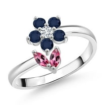 Gem Stone King 925 Sterling Silver Pink Tourmaline Blue Sapphire and White Lab Grown Diamond Flower Open Ring for Women (0.51 Cttw, Gemstone October Birthstone, Size 8)