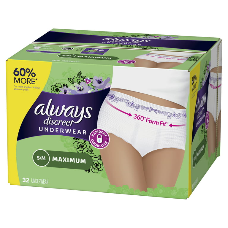 Always Discreet Incontinence Max Protection Underwear, SM/MED, 32 ct ( 2  pack of 32 - 64 count total)