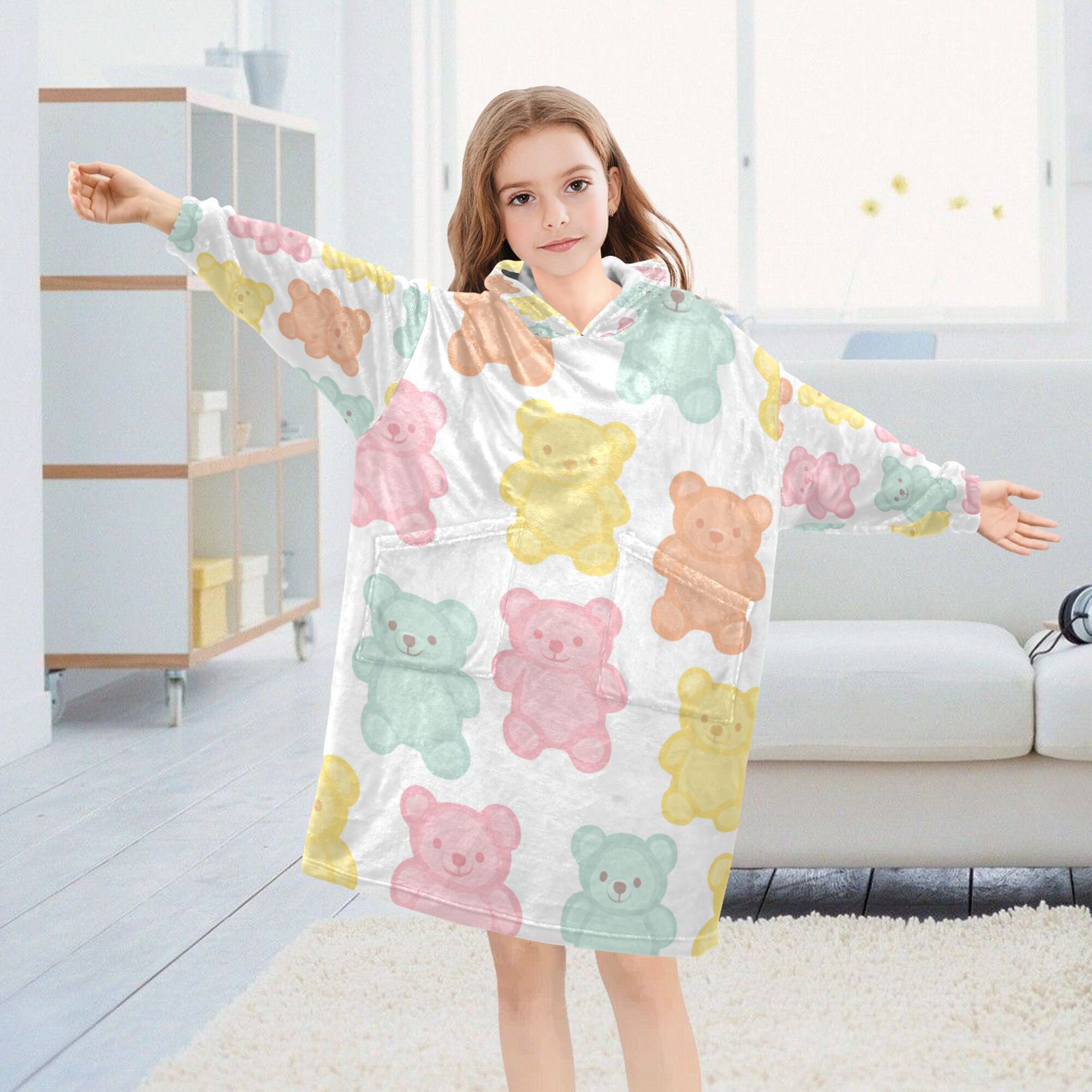 FORMRS Wearable Blanket Hoodie with Sleeves for Kids Cozy Flannel Sweatshirt, Cute Gummy Bears Pattern