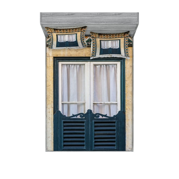 Ambesonne Rustic Fitted Sheet & Pillow Sham Set, Vintage Window Rural, Full, Teal Orange