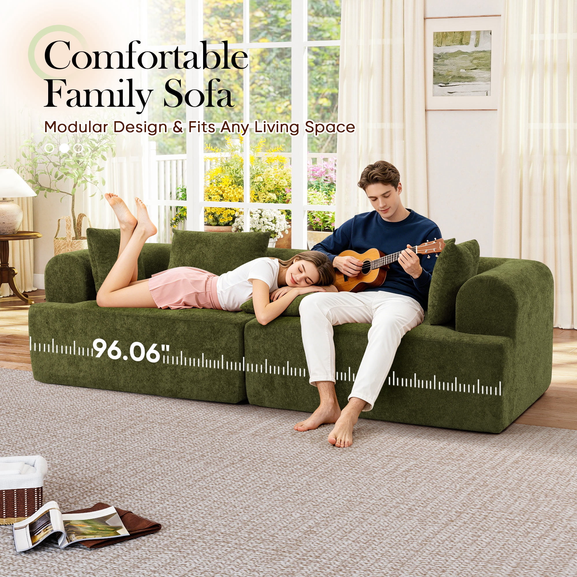 Muumblus Boneless Modular Sectional Sofa, 96" Oversized Deep Seat Loveseat Sofa, Cozy Cloud Living Room Couch, Green Teddy