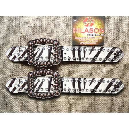 C39 HILASON WESTERN ZEBRA HAIR ON LEATHER SPUR STRAPS ADULT COPPER FINISH BUCKLE