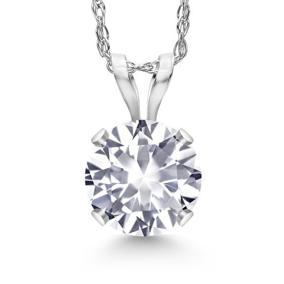 Gem Stone King 14K White Gold White Created Sapphire Pendant Necklace for Women | 1.20 Cttw | Gemstone September Birthstone | Round 6MM | With 18 inch Chain