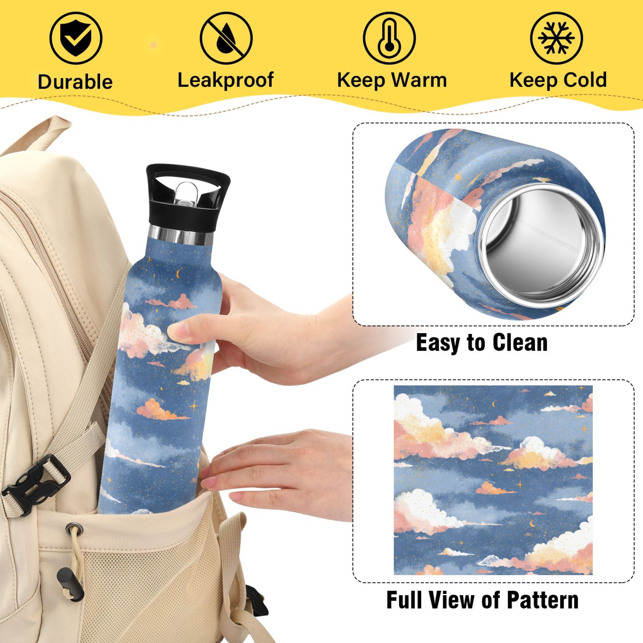 600ML Stainless Steel Insulated Cup Sports Water Bottle Portable Thermos Cup Water Glasses Insulated Tumblers Convenient and Durable Cartoon Sky