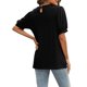 thumbnail image 4 of Camisa de media manga Empalme de encaje Cuello redondo Color puro Camiseta cómoda para mujer Negro L, 4 of 6