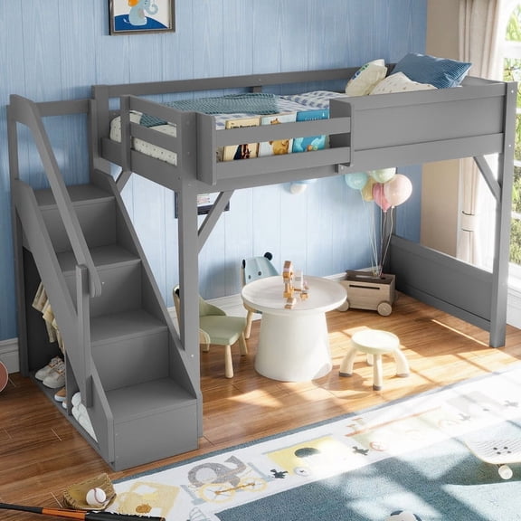 Bellemave Twin Size Loft Bed with Stairs & Wardrobe, Wood Twin Loft Bed with Storage Shelves, Full-Length Guardrails, Loft Bed Twin for Teens, No Box Spring Needed, Grey
