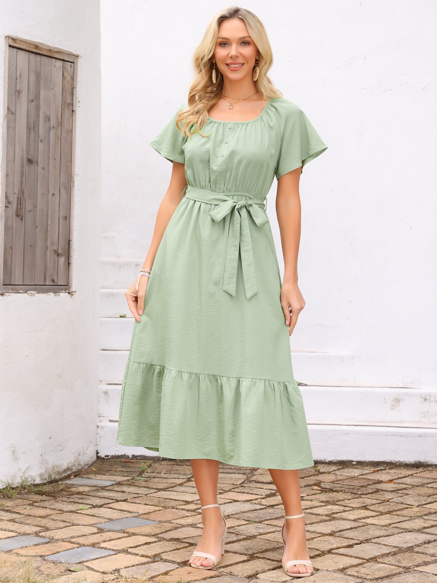 DARING DIVA Women's Flutter Short Sleeve Maxi Dress with Tie Waist XL Light Green