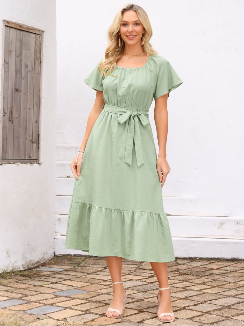 green walmart dress DARING DIVA Women's Flutter Short Sleeve Maxi with Tie Waist XL Light Pop Culture