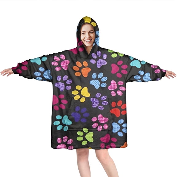 Colorful Animal Footprints Wearable Oversized Blanket,Wearable Blanket Hoodie for Adults,Cozy Hooded Blankets with Super Pockets,Super Warm Fuzzy Pullover for Women & Men
