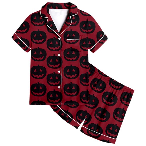 Kids Halloween Pajamas Size 6-7 Years Girls Nightwear Pumpkin Bat Print Short Sleeve Top with Shorts Soft Girls Pjs Brick Red
