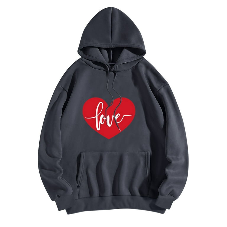 JWZUY Womens Valentine's Day Heart Print Hooded Drawstring Hoodies Pullover  Sweatshirts Casual Long Sleeve Tops Blouse Shirts With Pockets Dark Gray#05  XL 