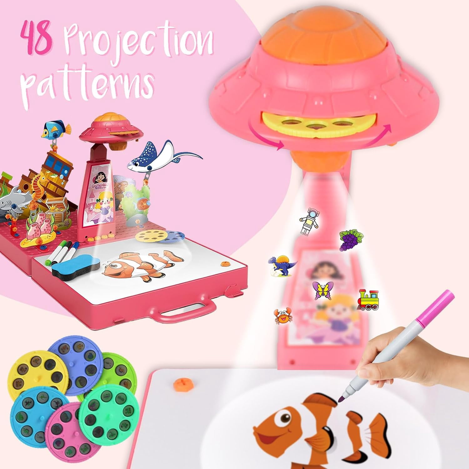 2win2buy Drawing Projector for Kids Art Sketcher Projector for Tracing with 48 Patterns & Graffiti Boards & Pen Drawing Board with Light, Toys Gifts for Boys Girls, Pink