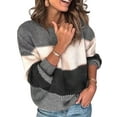 thumbnail image 2 of Chandail Femme à Blocs de Couleur Rayé Col Rond Long Chandail Manches Courtes Blouse, Gris, L, 2 of 5