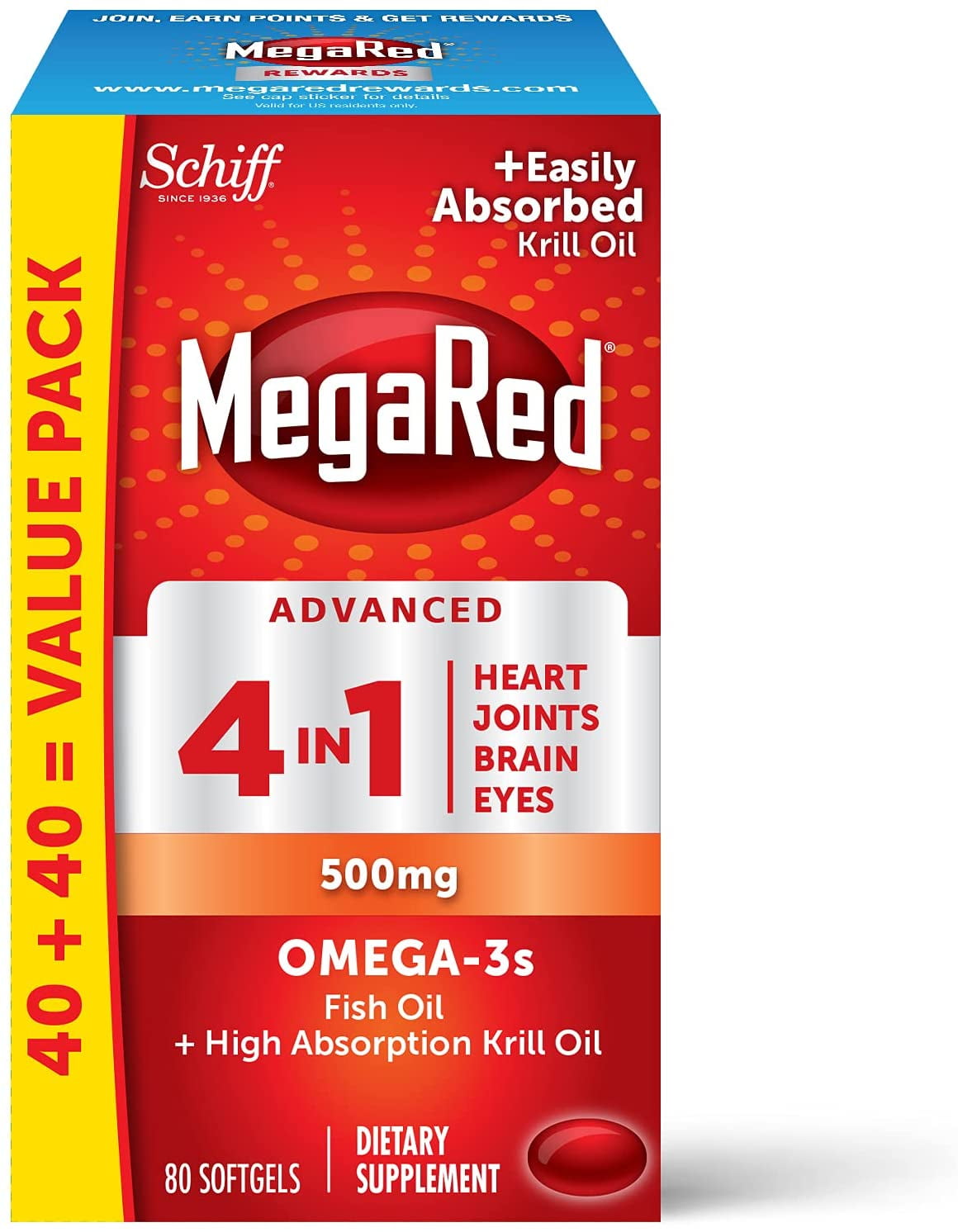 MegaRed Advanced 4in1 500mg, 80 Softgels Concentrated Omega3 Fish & Krill Oil Supplement