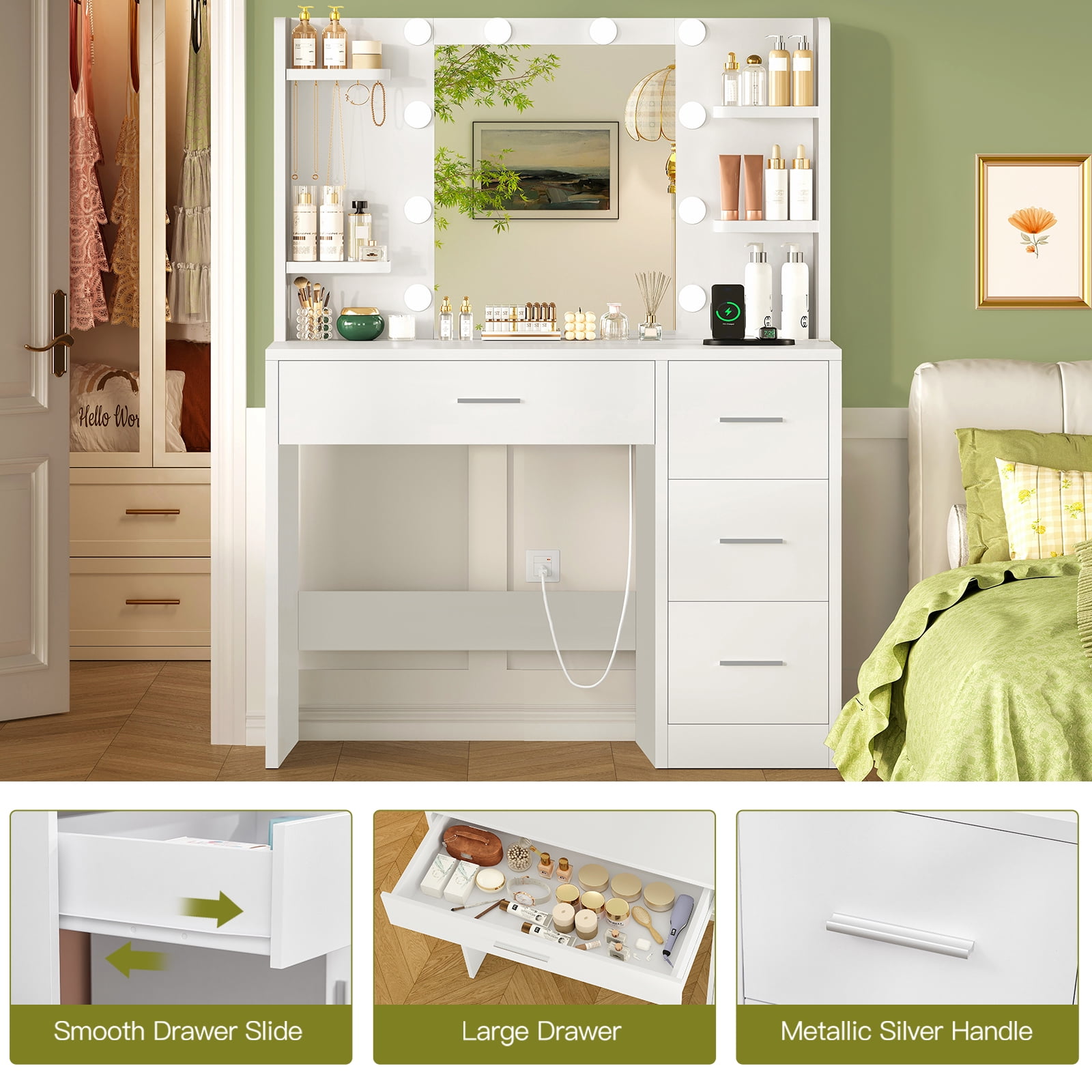 TEENFON Makeup Vanity Set with Mirror and Lights, Vanity Desk with Power Outlet and 4 Drawers & 6 Shelves, Vanity Table for Bedroom, White
