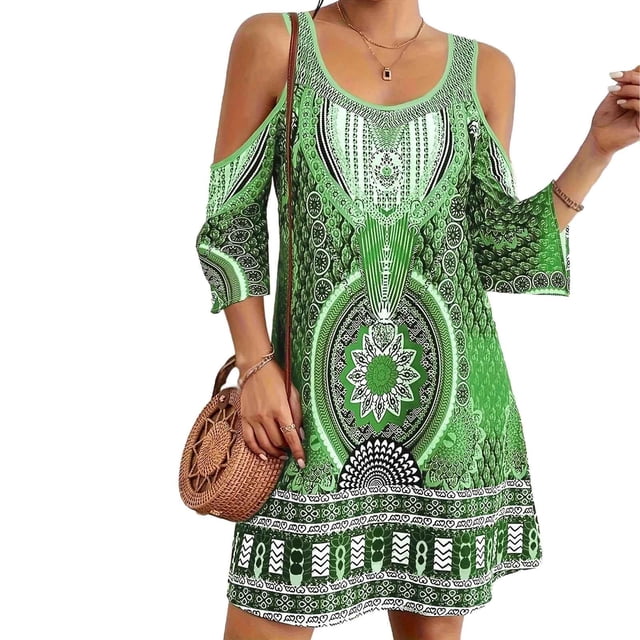 Vestido Alto Bajo para las Mujeres de Hombro Frío Cuello Redondo Impresión Bohemia Media Manga Mini Patinador Ropa de Playa de Verano Casual