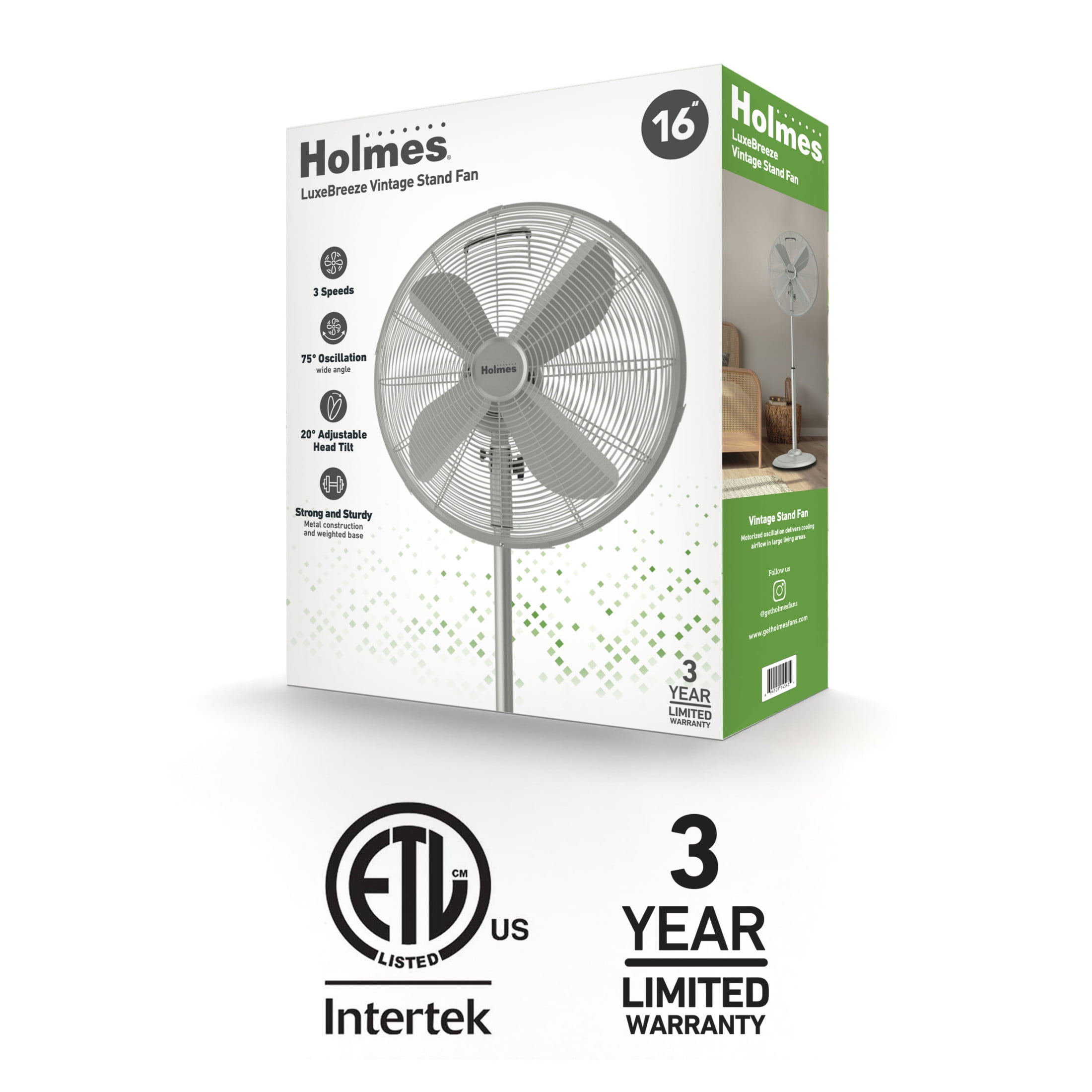 Holmes 16 Inch Oscillating Stand Fan 3 Speed Tilt Head Pedestal Brushed Chrome
