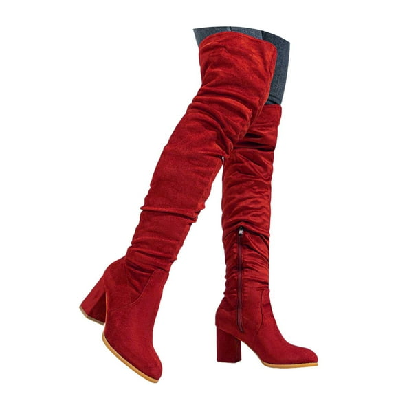 Over The Knee High Boots For Women Pull On Side Zipper Block Heel Thigh High Boots