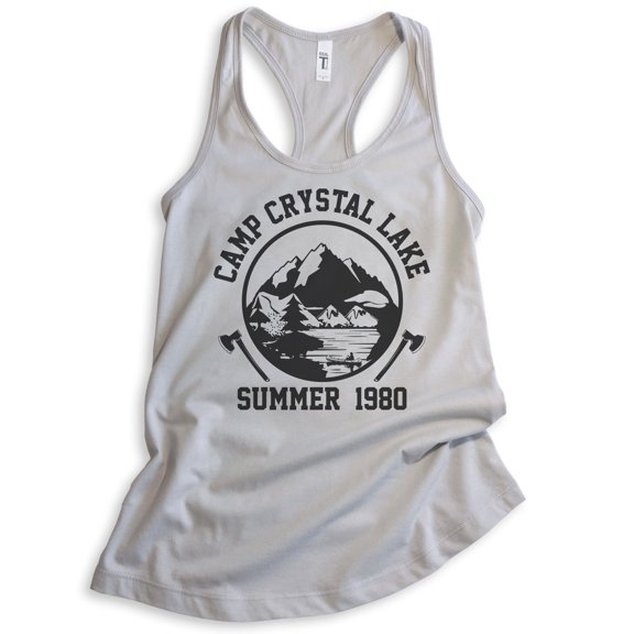 Camp Crystal Lake Tank Top, Ladies Racerback Tank Top, Funny Halloween Tank, Horror Graphic Tee, Silver Gray, Medium
