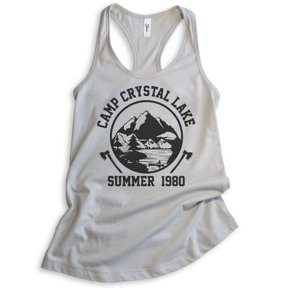 Camp Crystal Lake Tank Top, Ladies Racerback Tank Top, Funny Halloween Tank, Horror Graphic Tee, Silver Gray, Small