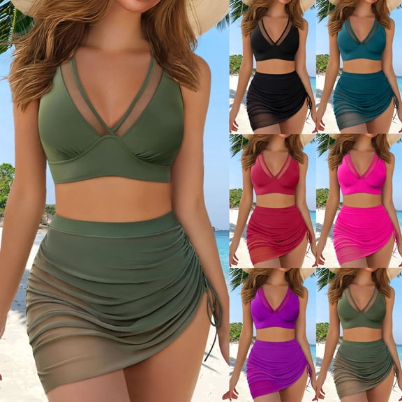 CAIXIA Tankini Swimsuits For Women Swim Dress High Waisted Bikini Sets Mesh Sarong Wraps V Neck Two Piece Bathing Suit Side Drawstring