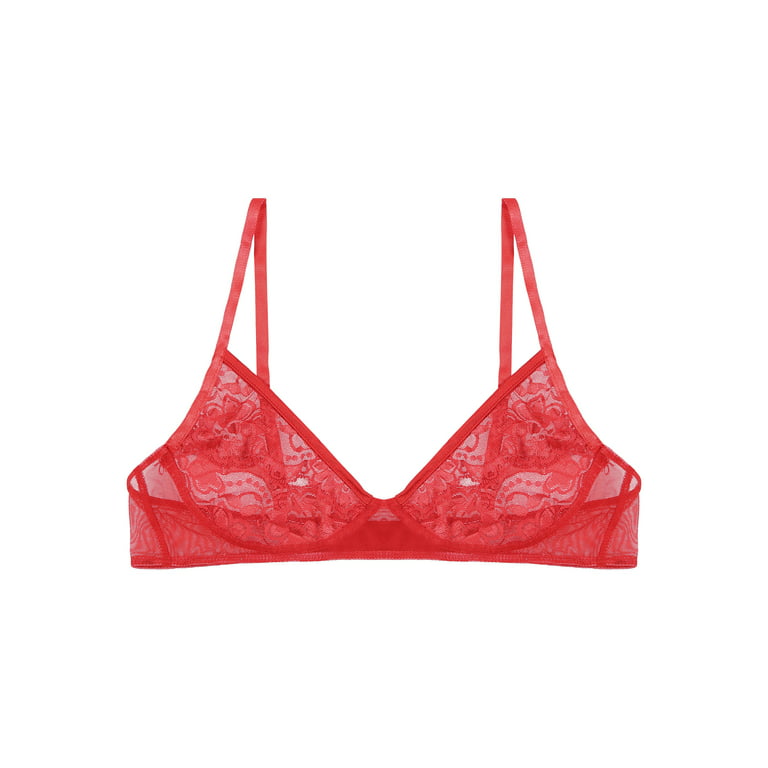 DPOIS Womens Sheer Floral Lace Hollow Out Nipple Bra Top Red-A XL
