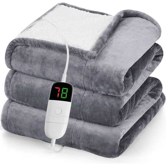 EnjinZZ Heated Blanket Electric Throw 50"X60", Heating Blanket with 10 Heat Levels 1/2/4/6/8 Hours Auto-Off Overheat Protection, Flannel Sherpa Soft Warm Heater, ETL Certified Misty Grey