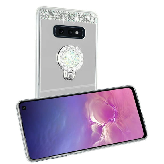 Ring Case for Samsung S10 Mirror Glitter Case with Ring Holder Kickstand Diamond Makeup Bling Shiny Rhinestone Crystal Girls Women Protective Case for Samsung Galaxy S10 6.1" (Silver)