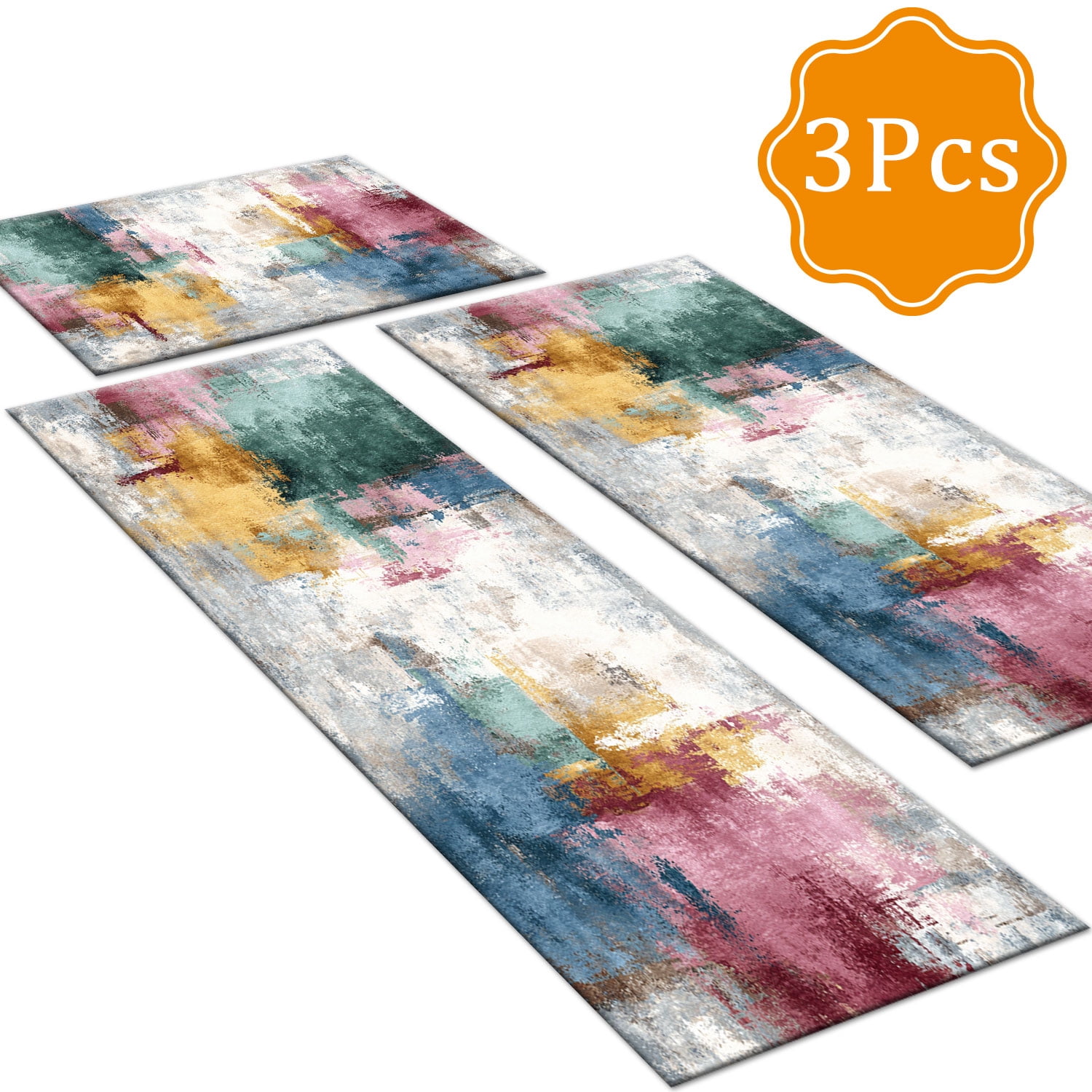 3 Piece Kitchen Rug Set, Non-Slip And Washable, Abstract Pattern Kitchen Hallway Rug, Soft And Comfortable, Suitable For Sinks, Floors, Entrances, Hallways and Bathrooms