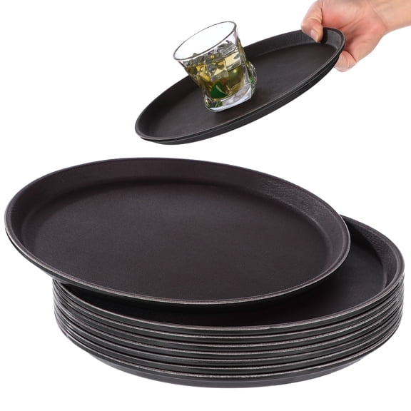 8 PCS Black Round Serving Trays, 11 Inch Plastic Restaurant Trays with Non Slip Rubber Surface and Raised Edge, Food Service Server Trays for Home Kitchen Restaurant Cafeteria Bar Use