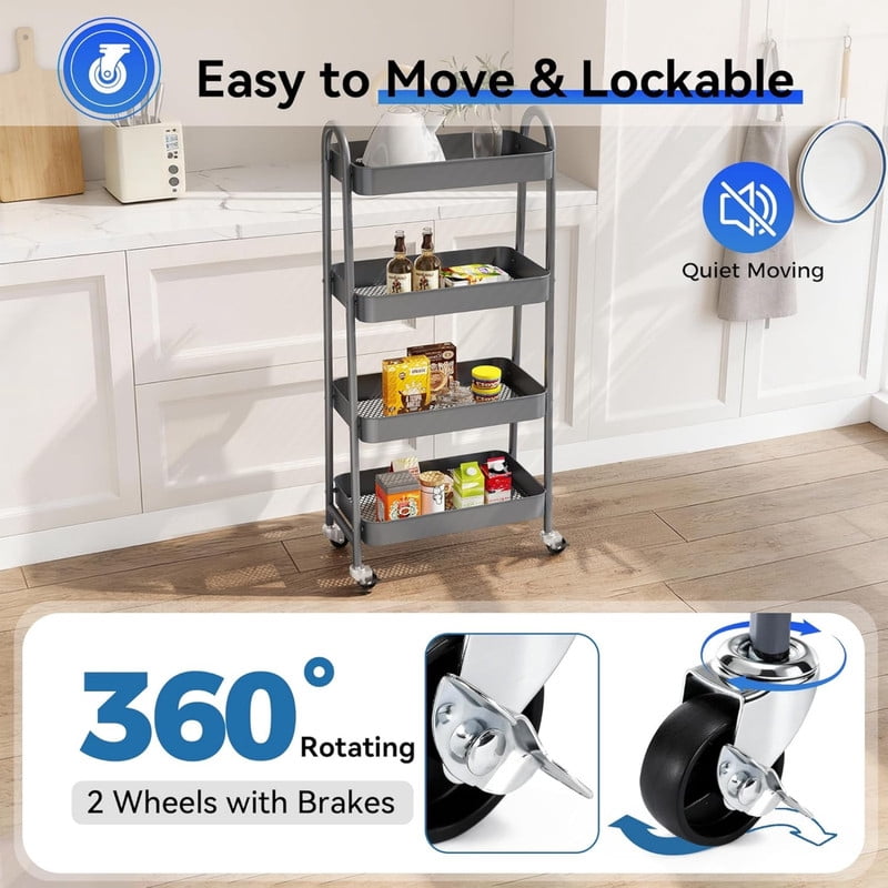 Kelno 4 Tier Rolling Cart Metal Utility Storage Cart Mobile Storage Organizer with Lockable Wheels, Gray